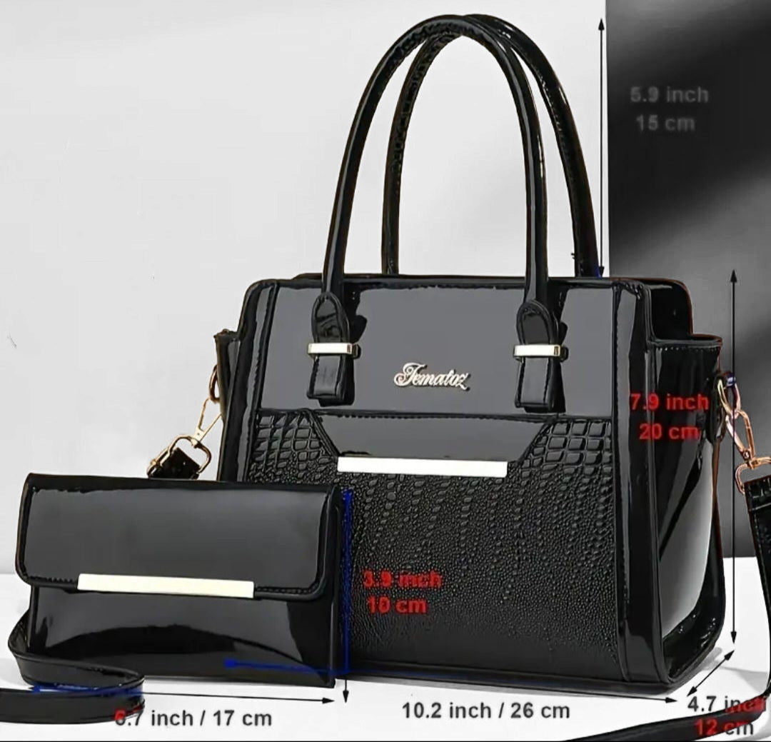 2-Piece Set Patent Faux Leather Vintage Crocodile HandBag