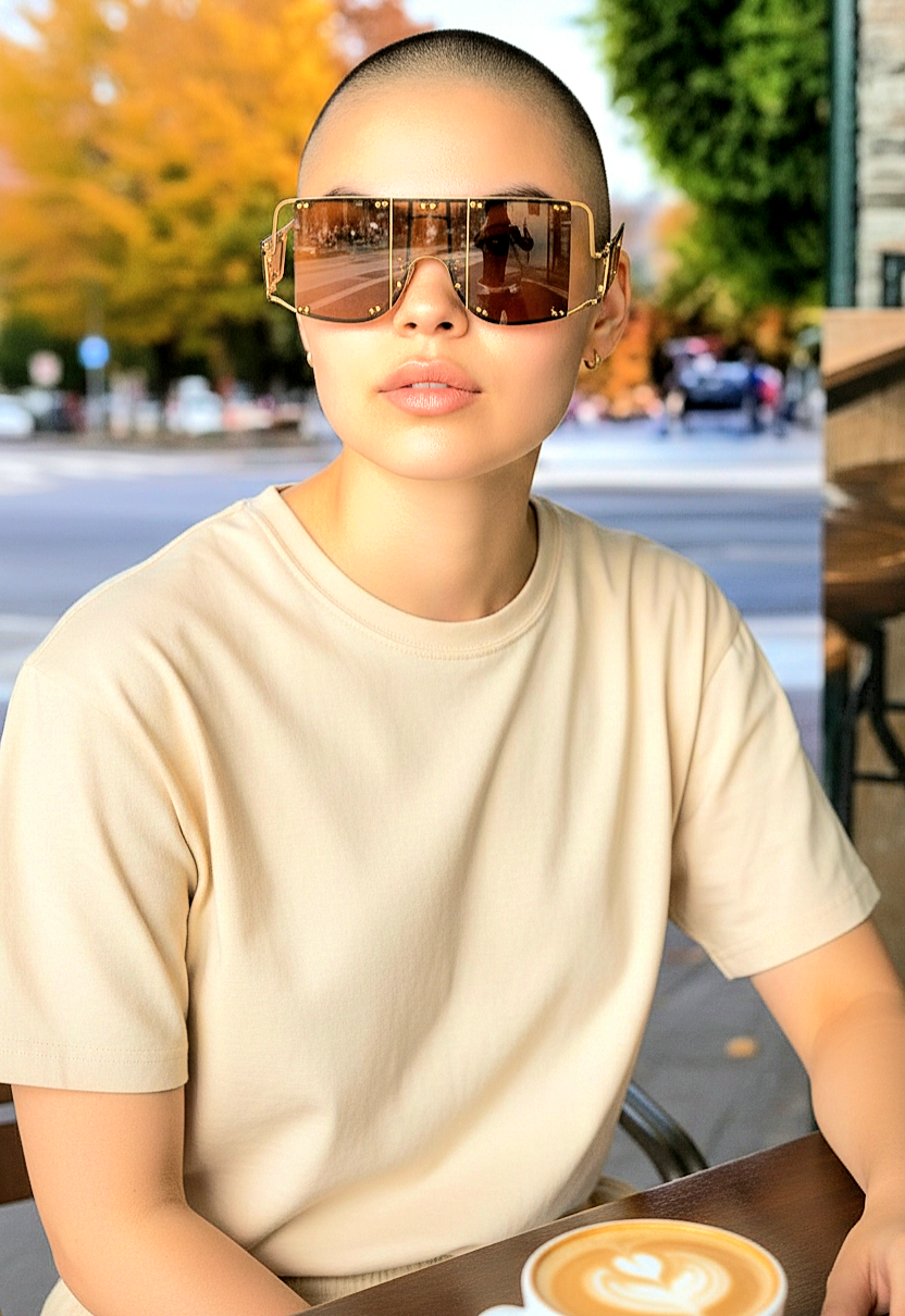 Oversized Decorative Rivets Gold-Toned Square Flat-Top Retro Sunglasses