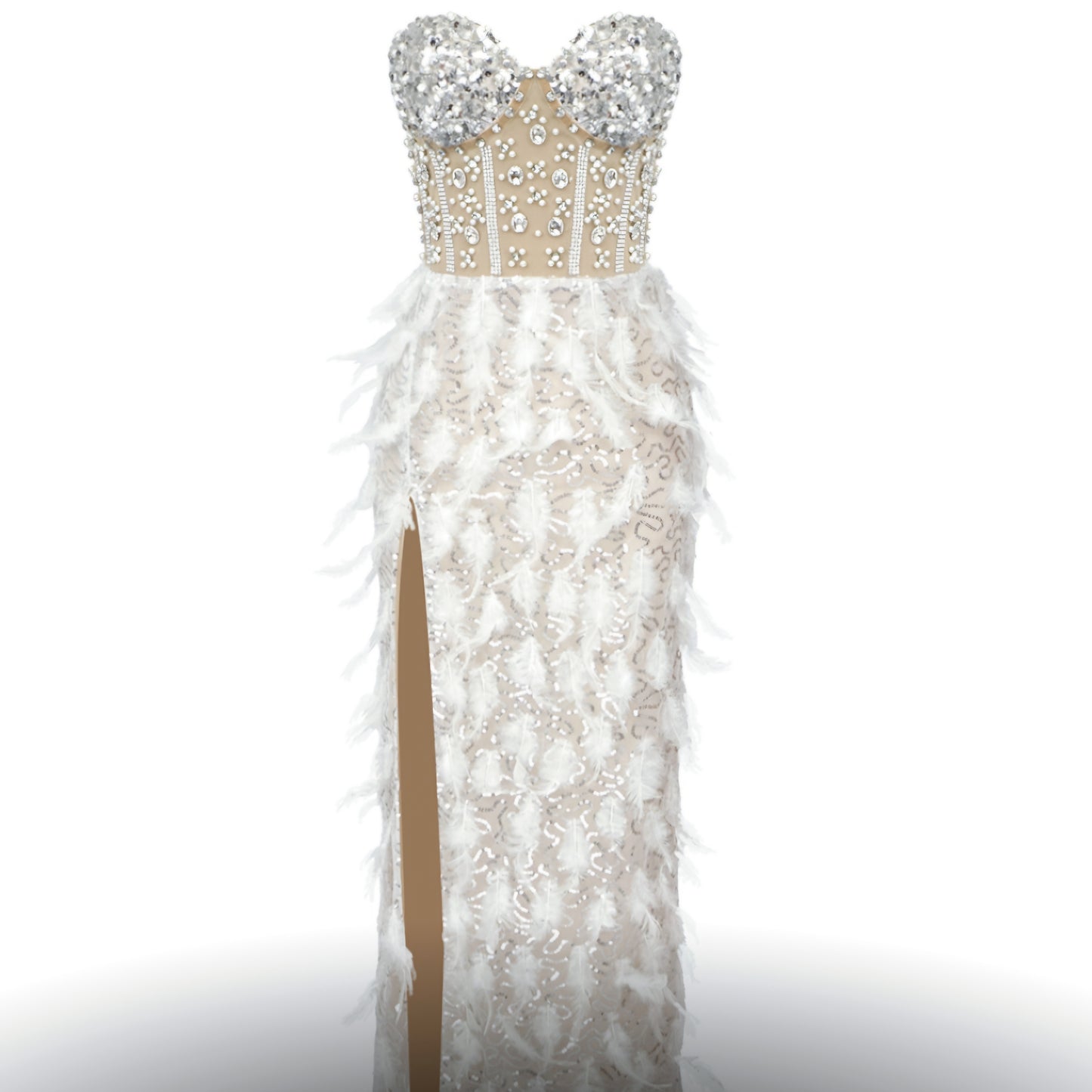 Corset-Feathered Long Dress