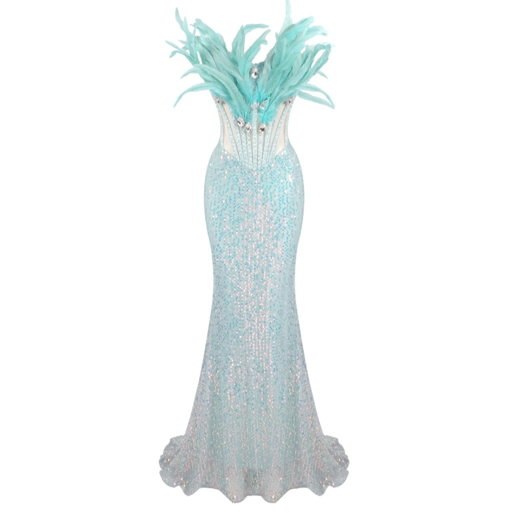 Turquoise Feathered Gown
