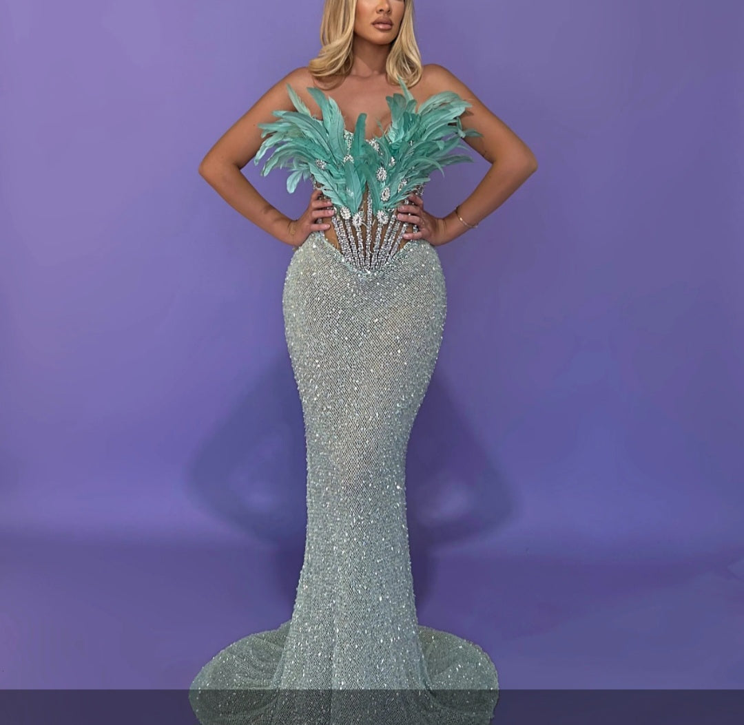 Turquoise Feathered Gown