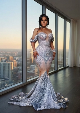 Embellished Sparkly Sequins Fishtail Gown