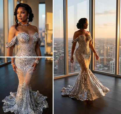 Embellished Sparkly Sequins Fishtail Gown