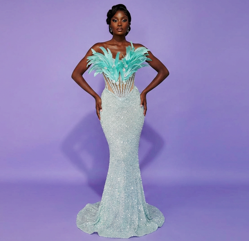 Straples Embellished Rhinestones Feathered Gown