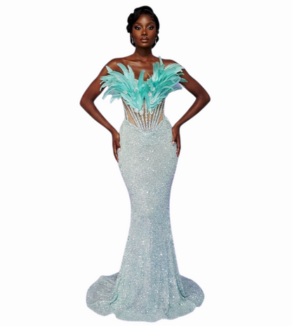 Straples Embellished Rhinestones Feathered Gown