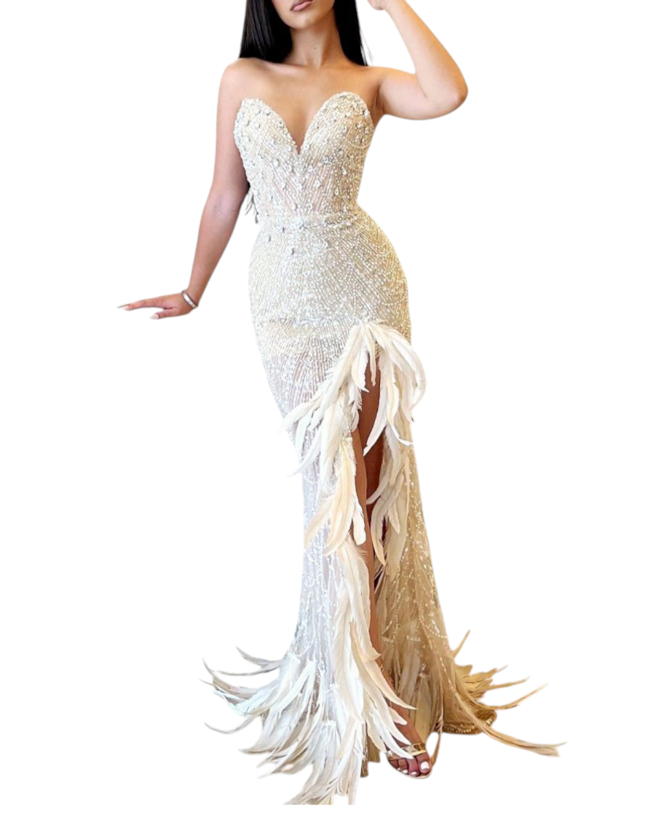 Elegant Slit-Feathered Gown