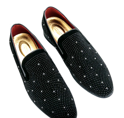 Genuine Leather Black Shoes with Crystal Embellishments