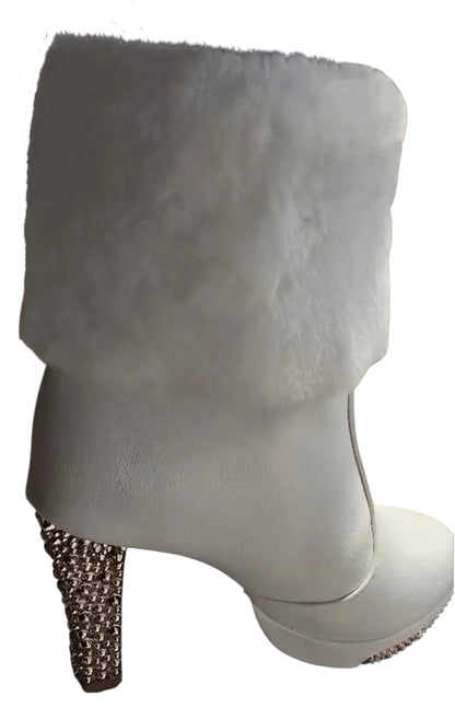 Rhinestone-Embellished Plush Chunky High-Heel Short Boots