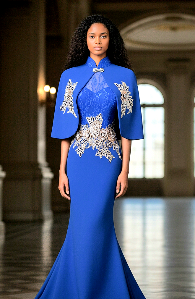 Slim-Fit Fishtail Bodycon Lace Stand Collar Floral Embroidery Dress With Shawl