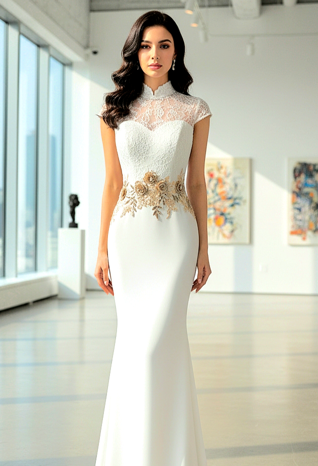 Slim-Fit Fishtail Bodycon Lace Stand Collar Floral Embroidery Dress With Shawl