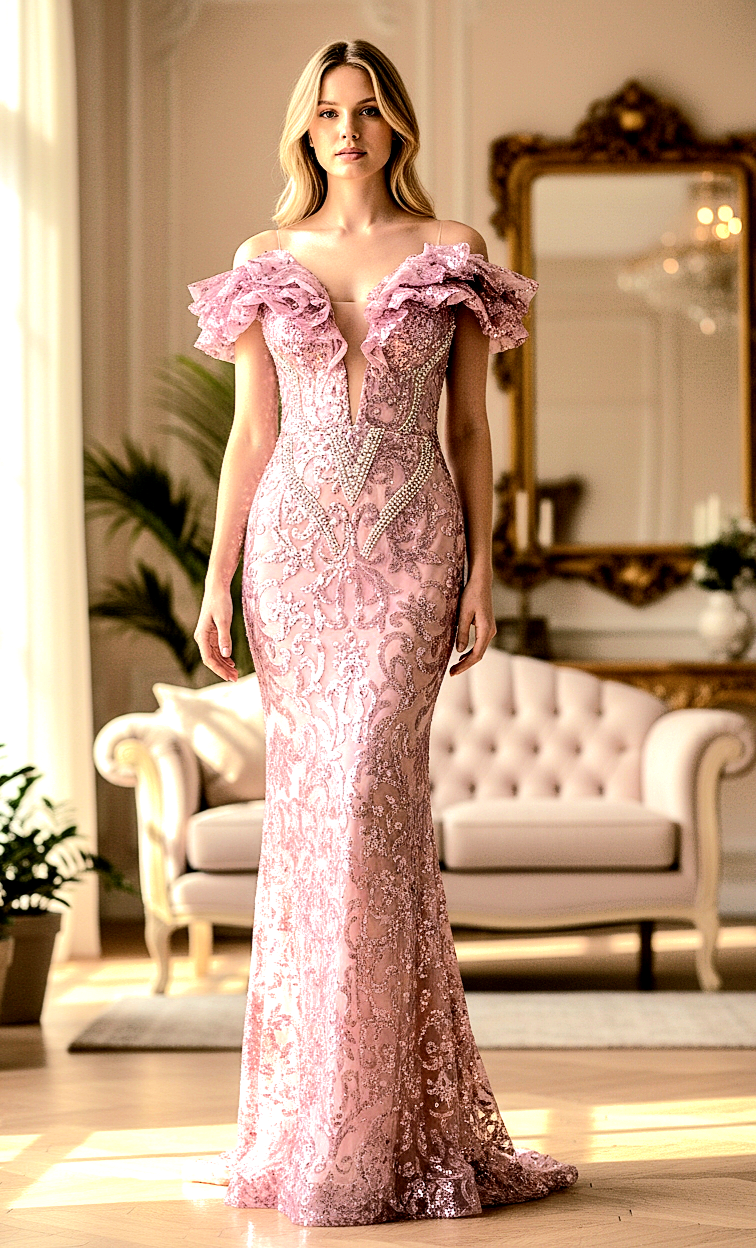 Pink Floral Crystal Embellished Gown