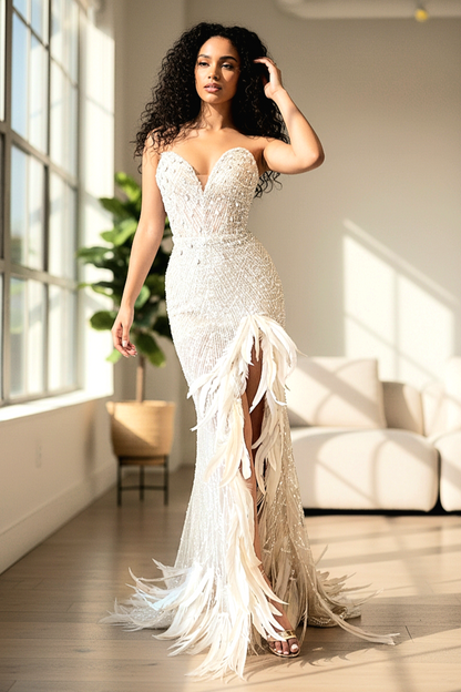 Strapless Crystal Sequins Feather Maxi Dress Ivory