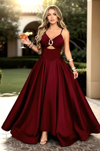 Wine Red Spaghetti-Strap Cutout Waist-Fitted Full-Skirt Maxi Dress