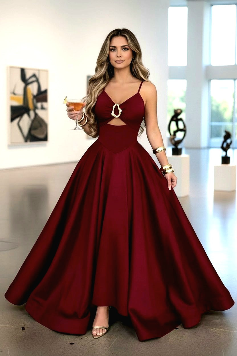 Wine Red Spaghetti-Strap Cutout Waist-Fitted Full-Skirt Maxi Dress