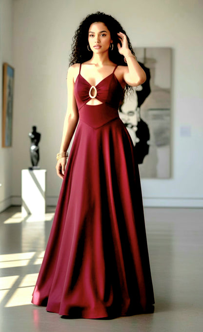Wine Red Spaghetti-Strap Cutout Waist-Fitted Full-Skirt Maxi Dress