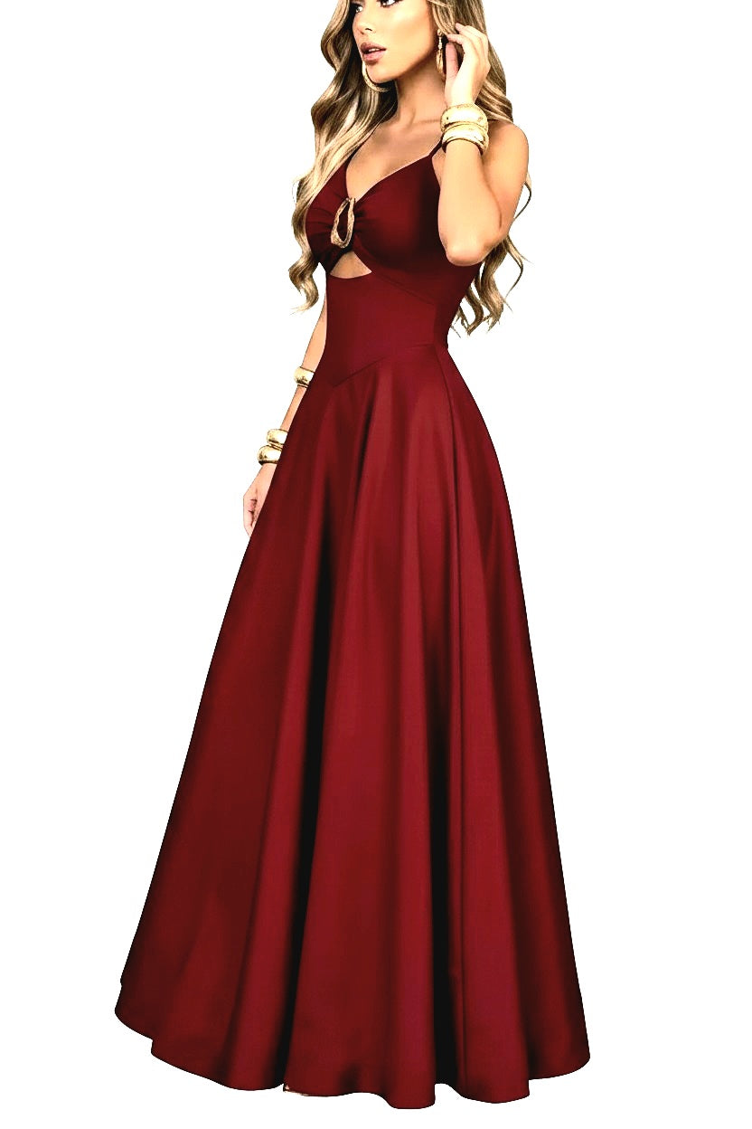 Wine Red Spaghetti-Strap Cutout Waist-Fitted Full-Skirt Maxi Dress