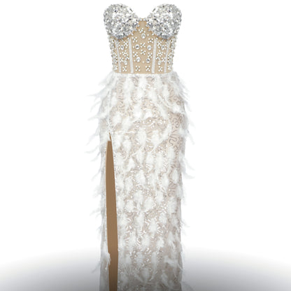 Corset-Feathered Long Dress