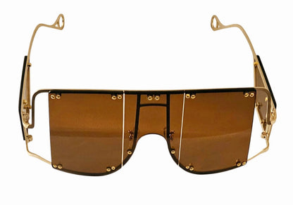 Oversized Decorative Rivets Gold-Toned Square Flat-Top Retro Sunglasses