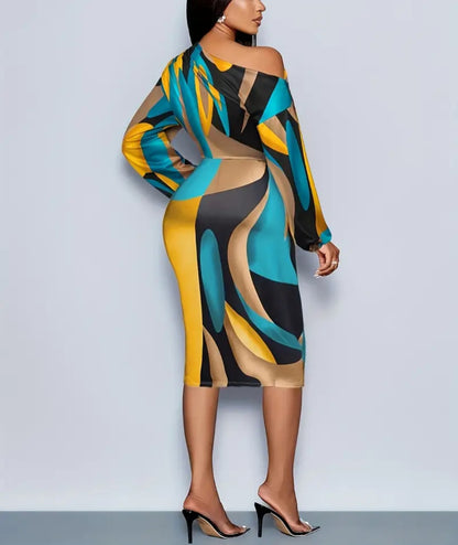 Elegant Off-Shoulder Geometric Print Dress