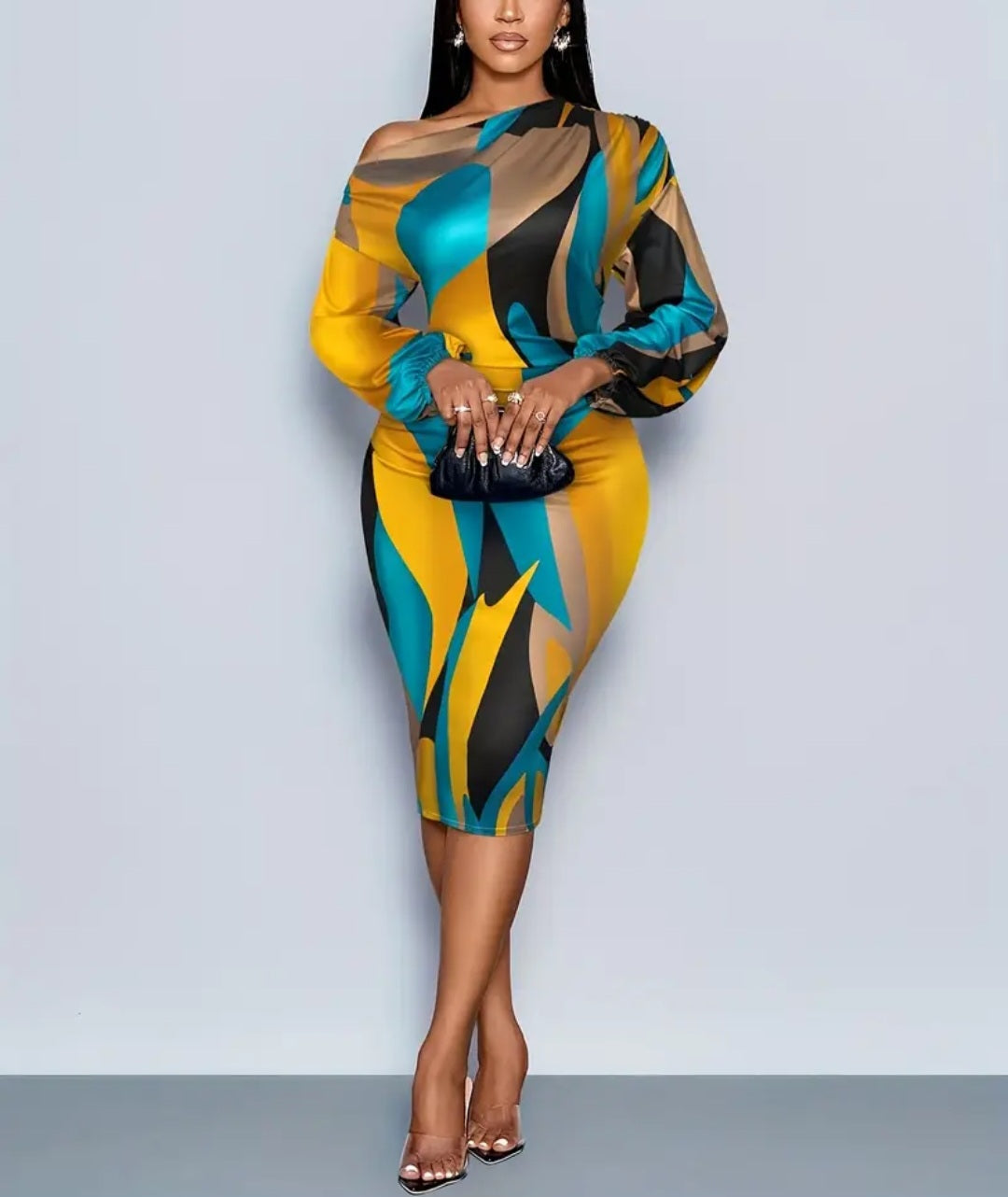 Elegant Off-Shoulder Geometric Print Dress