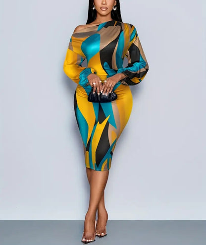 Elegant Off-Shoulder Geometric Print Dress