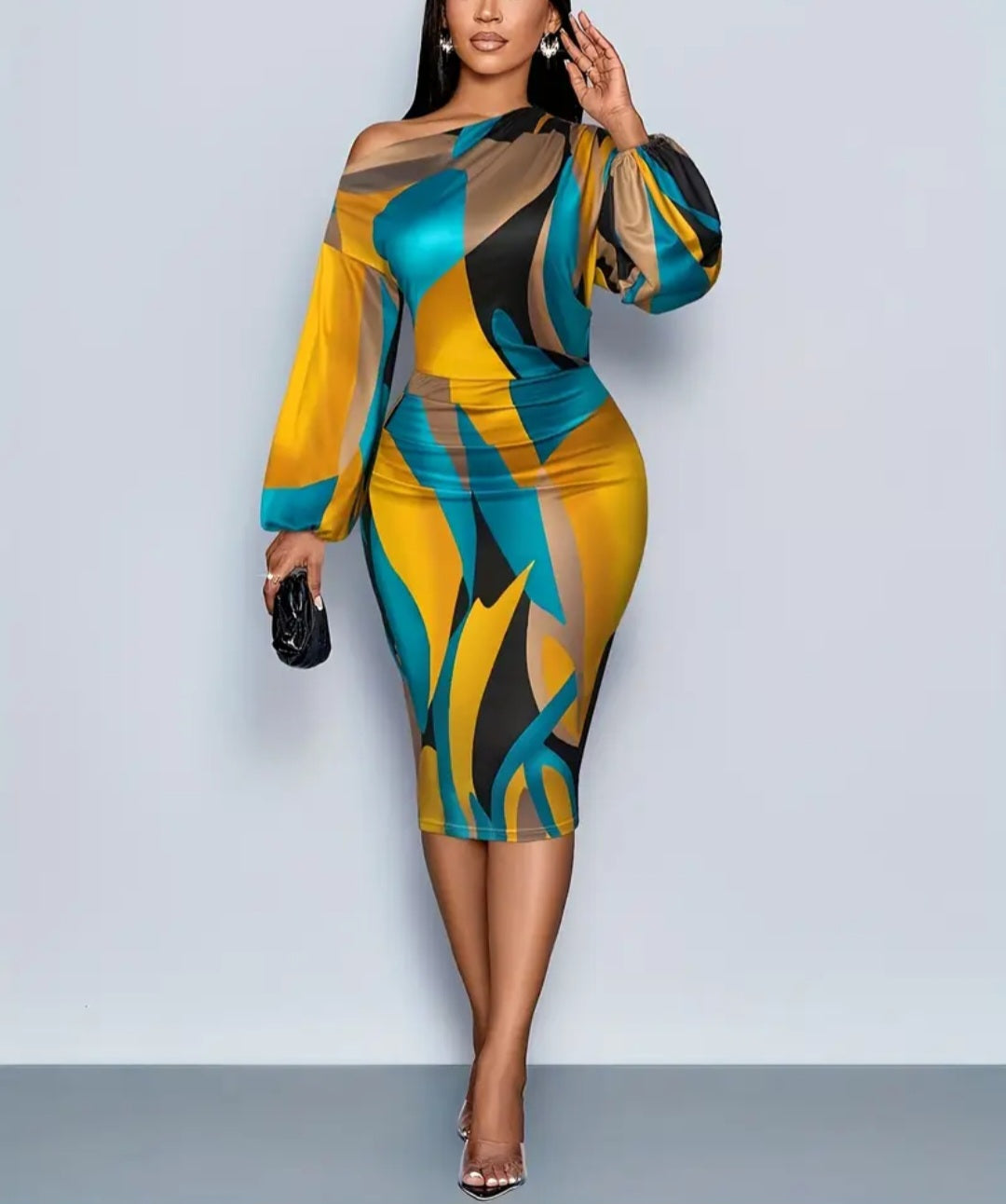 Elegant Off-Shoulder Geometric Print Dress