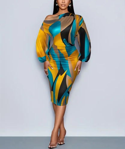 Elegant Off-Shoulder Geometric Print Dress