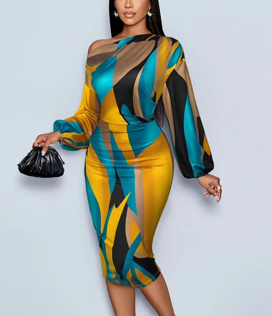 Elegant Off-Shoulder Geometric Print Dress