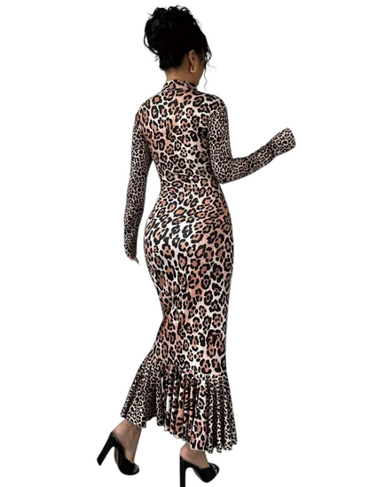 High-Neck Fitted Leopard Print Mermaid Dress