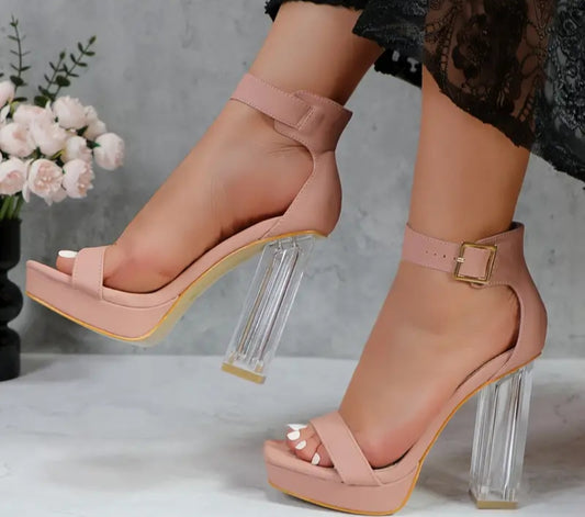 Clear Accent Chunky Block Heel Platform Sandals