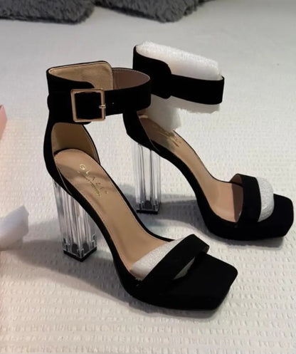 Clear Accent Chunky Block Heel Platform Sandals
