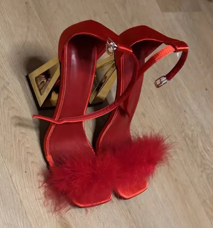 Elegant Red Fluffy Mary Jane High Heels