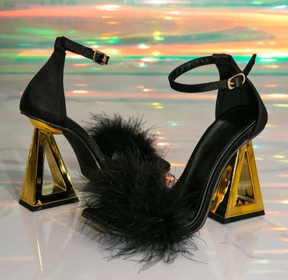 Elegant Red Fluffy Mary Jane High Heels