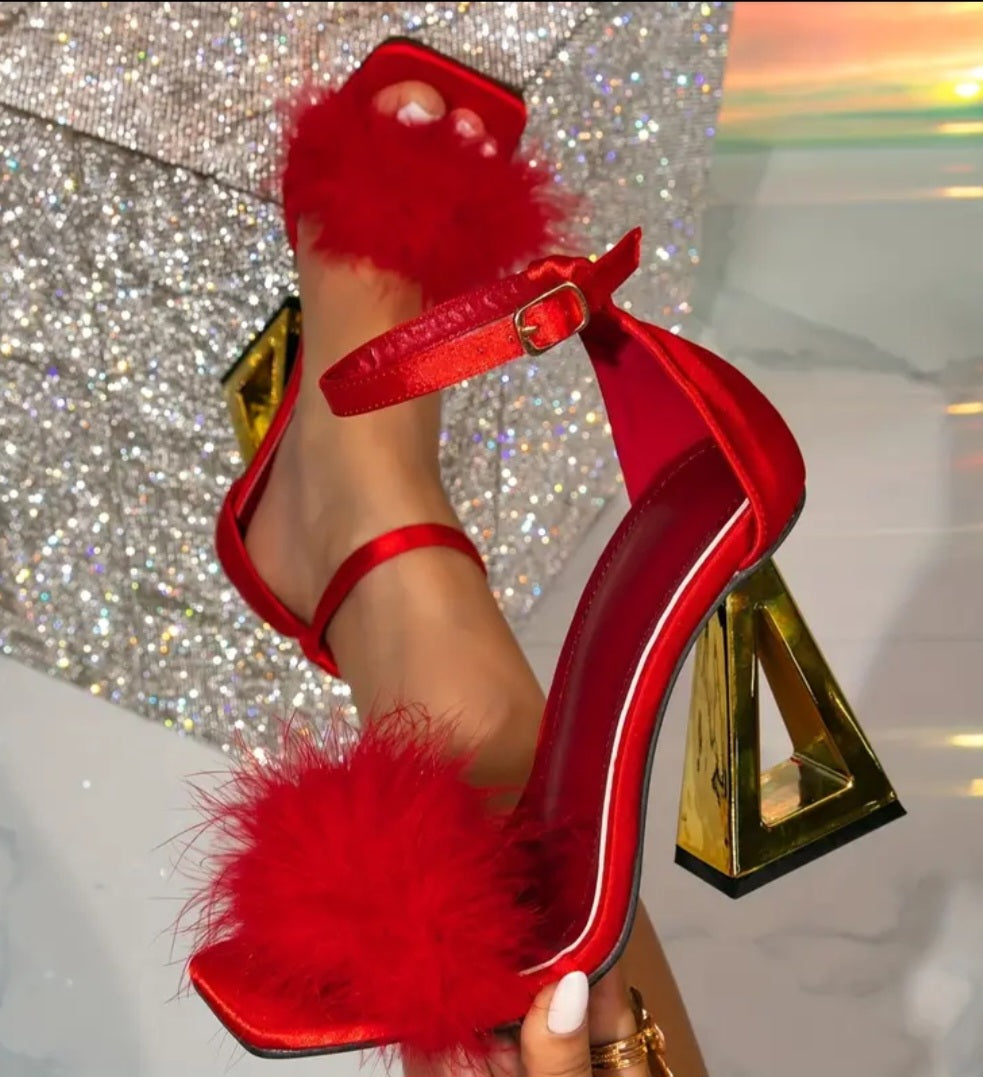 Elegant Red Fluffy Mary Jane High Heels