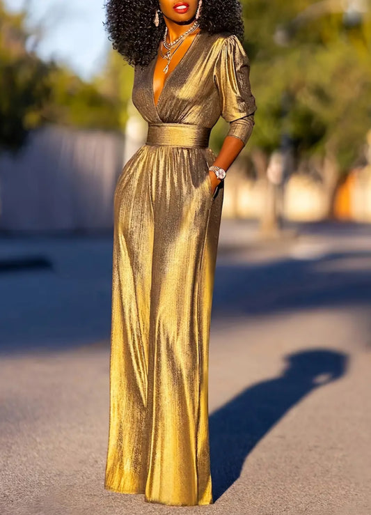 Shiny Chic Deep High-Waisted Wide Leg Jumpsuit