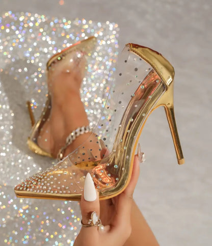 Sparkling Rhinestones Golden T-Strap Stiletto Heels