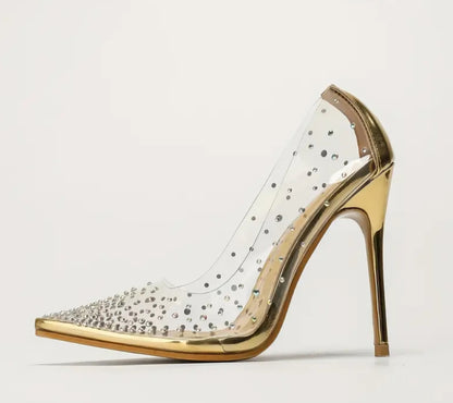 Sparkling Rhinestones Golden T-Strap Stiletto Heels