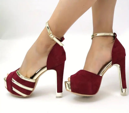 Ankle Suspender High Heel Pumps W/Golden Accents