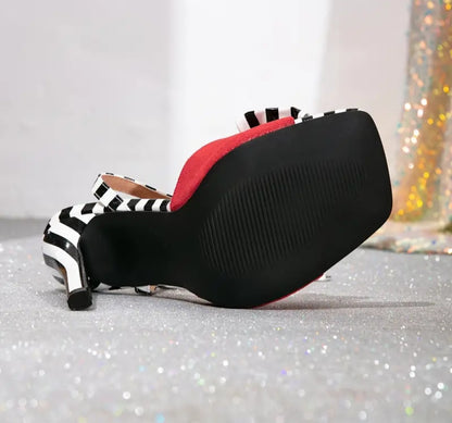 Red & White Striped High Heel Sandals W/Bowknot