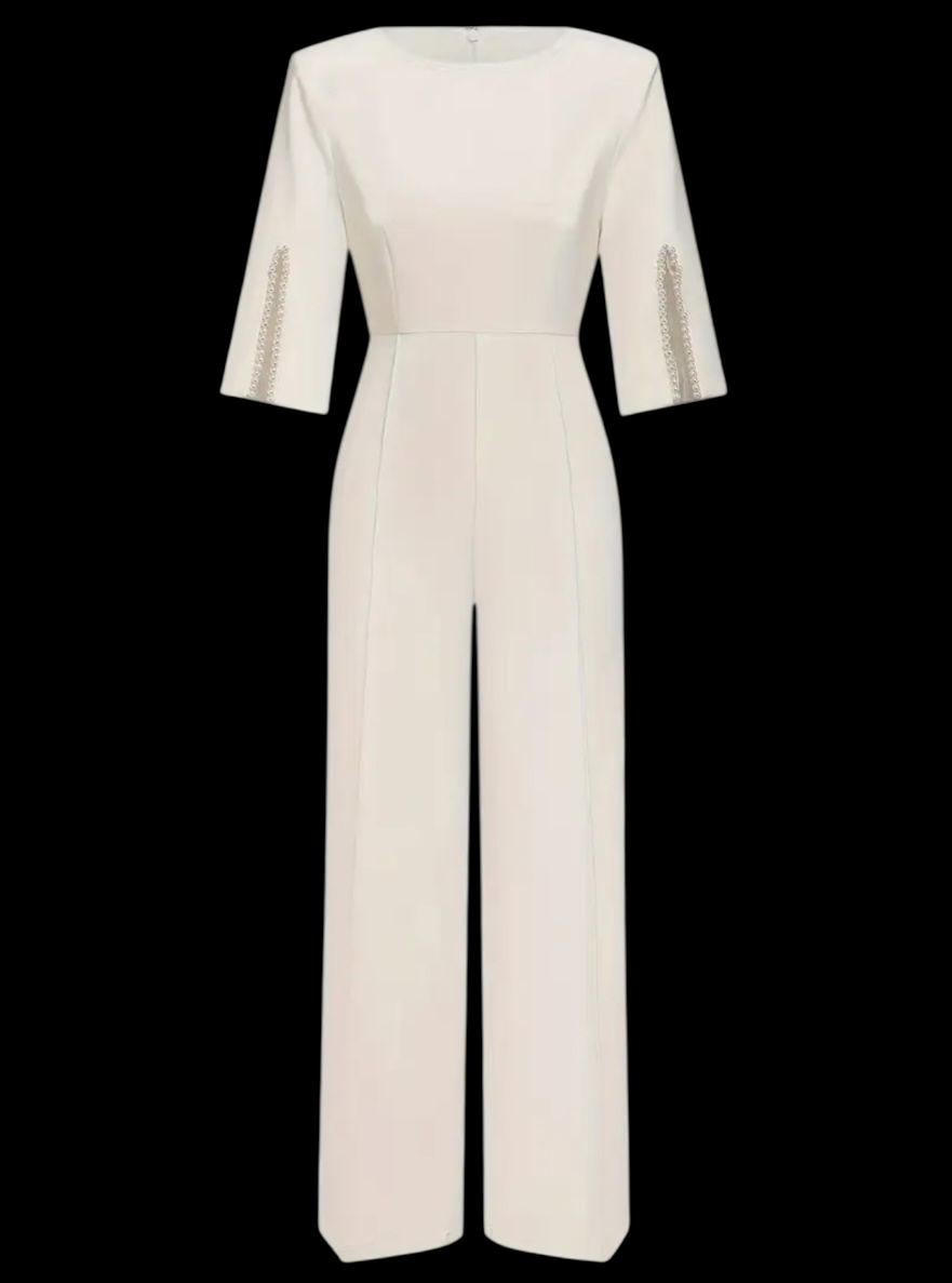 Chic Business Jumpsuit W/Pearl-Embellished Sleeves