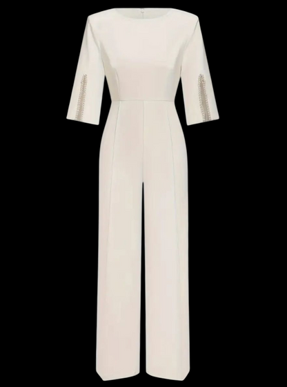 Chic Business Jumpsuit W/Pearl-Embellished Sleeves