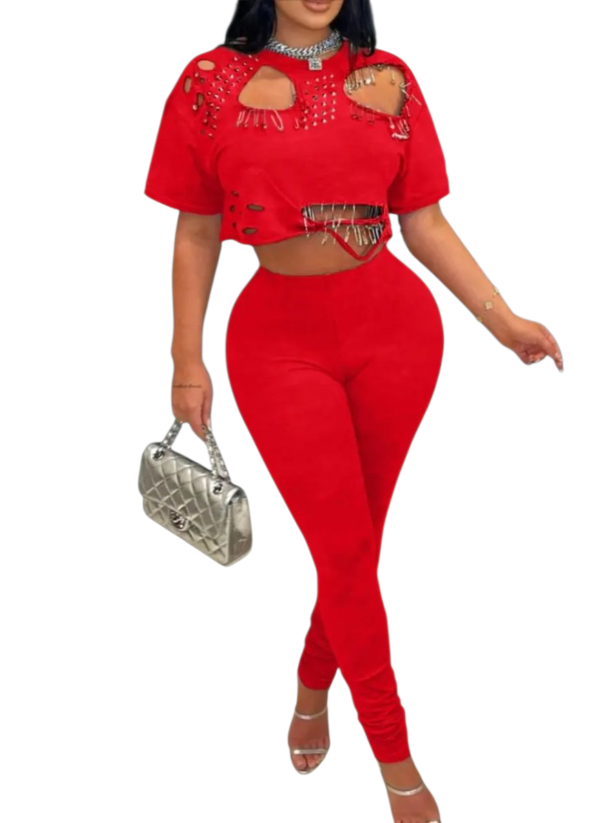 Two-Piece Set Casual Round Neck Distressed T-Shirt