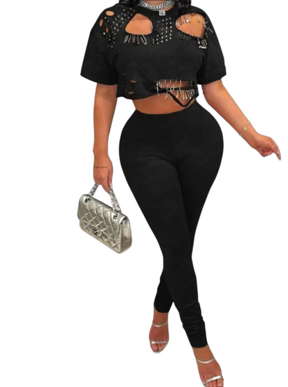 Two-Piece Set Casual Round Neck Distressed T-Shirt