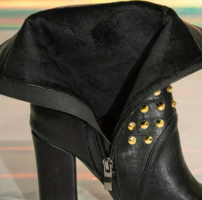 Black Gothic Studded Chunky Block Heel Ankle Boots