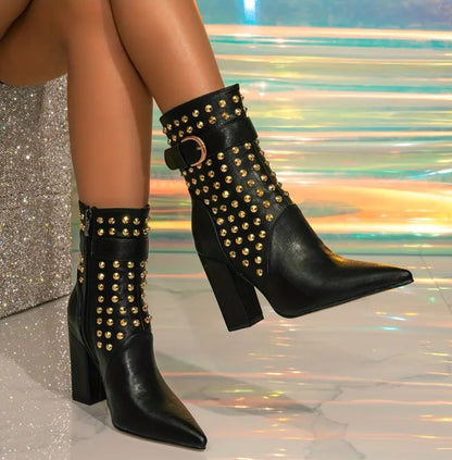 Black Gothic Studded Chunky Block Heel Ankle Boots