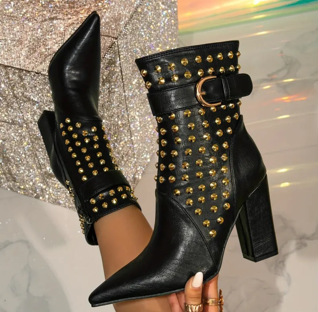 Black Gothic Studded Chunky Block Heel Ankle Boots