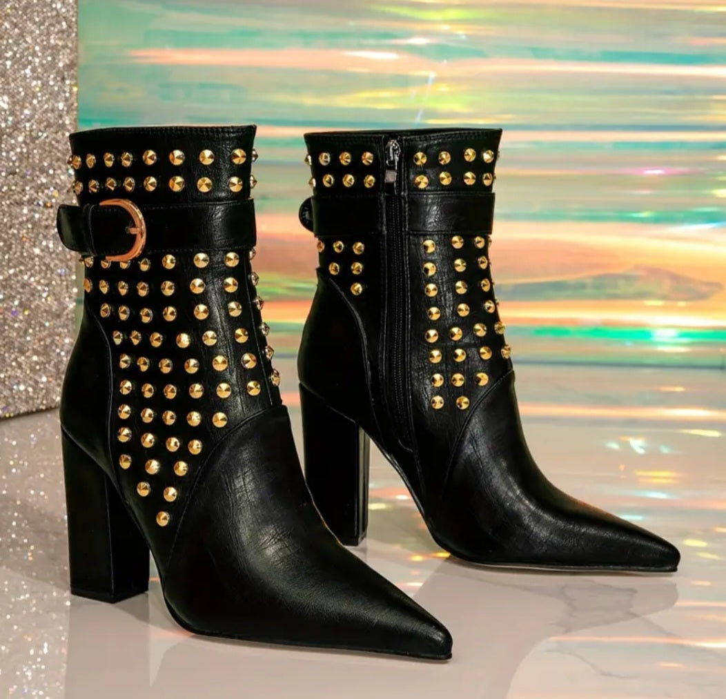 Black Gothic Studded Chunky Block Heel Ankle Boots