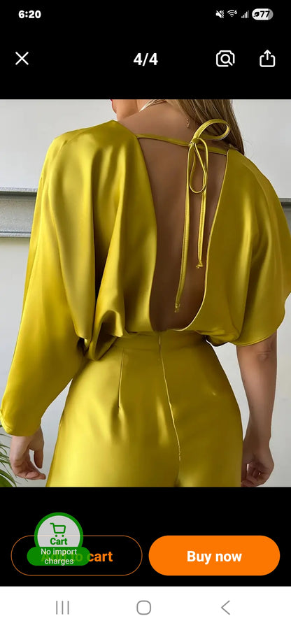 Deep V-Neck Backless Asymmetric Sleeve Jumpsuit