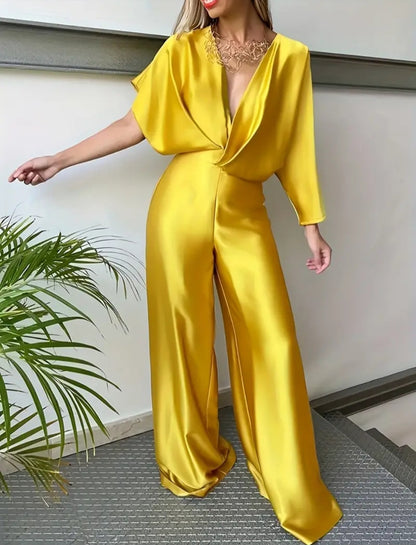 Deep V-Neck Backless Asymmetric Sleeve Jumpsuit