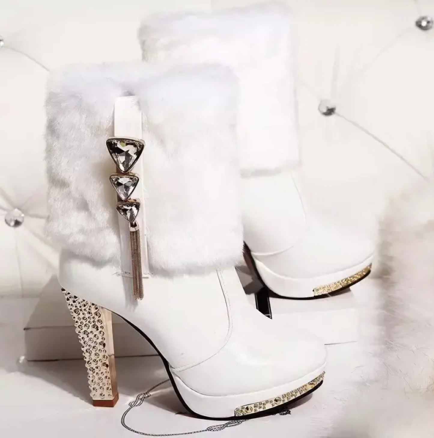 Rhinestone-Embellished Plush Chunky High-Heel Short Boots